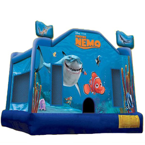 This bright blue Disney Licensed inflatable shows Nemo being chased by Bruce the giant shark