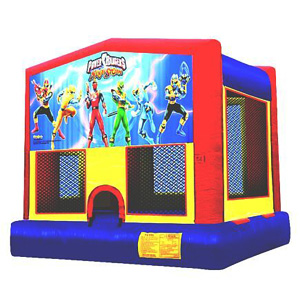 Brightly colored Power Rangers dazzle the front of this primary colored inflatable bounce house