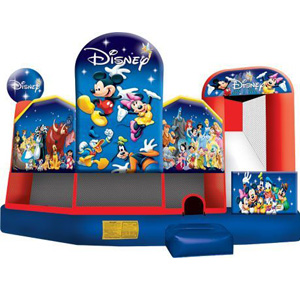 This inflatable includes 5 different activities: Jump, obstacle course, climb, slide and basketball hoop
